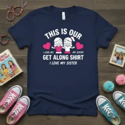 This Is Our Get Along Shirt I Love My Sister text with cartoon sisters and pink hearts graphic on navy