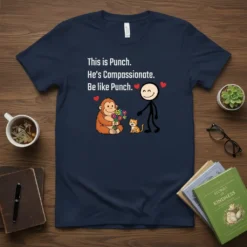 Navy t-shirt with the quote "This is Punch. He's Compassionate. Be like Punch." featuring a cartoon monkey with flowers, a
