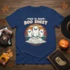 This is Some Boo Sheet Halloween T-Shirt with three grumpy ghost graphics and retro sunset circle