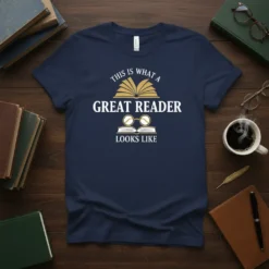 This Is What A Great Reader Looks Like quote on a navy blue t-shirt with an open book and glasses