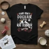 This Isn't Doghair It's Rat Terrier Glitter text design with a running Rat Terrier graphic on a black t-shirt