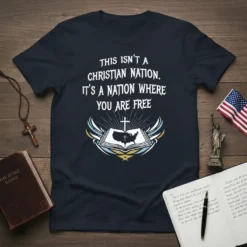 T-shirt with "THIS ISN'T A CHRISTIAN NATION. IT'S A NATION WHERE YOU ARE FREE" text, USA map, and cross graphic