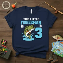 This Little Fisherman Is 3 birthday t-shirt design with a cartoon bass fish and the number 3