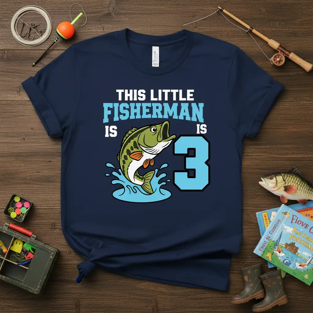 This Little Fisherman Is 3 birthday t-shirt graphic with bass fish and number 3 for boys