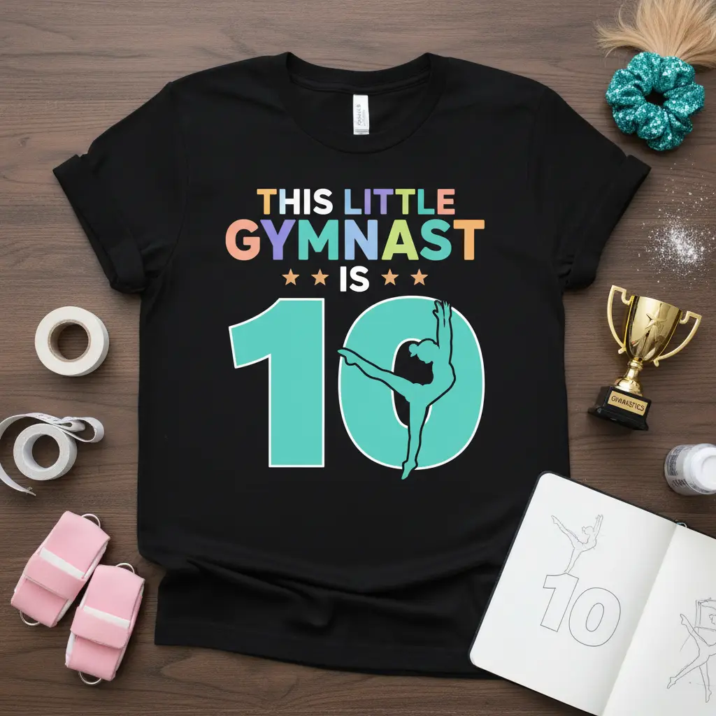 This Little Gymnast Is 10 text design with a gymnast silhouette for a 10th birthday gift