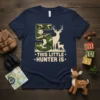 This Little Hunter Is t-shirt design with a camouflage number 5, a boy holding a rifle, and deer graphics
