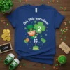 This Little Leprechaun 2 Is birthday t-shirt design with a cartoon leprechaun, shamrock, cake, and balloons
