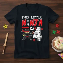This Little Ninja Is 4 birthday t-shirt with a cartoon ninja and the number four