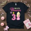 This Little Princess Is 3 birthday girl tee with a blonde princess graphic and polka dot number 3 candle