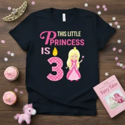 This Little Princess Is 3 birthday girl tee with a blonde princess graphic and polka dot number 3 candle