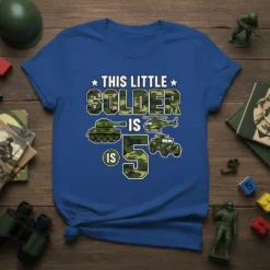 This Little Soldier Is 5 birthday t-shirt design with camouflage text, tank, helicopter, and jeep graphics