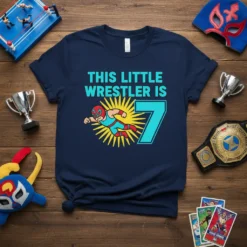 THIS LITTLE WRESTLER IS 7 t-shirt design with a cartoon luchador and the number 7