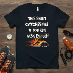 This Shirt Catches Fire If You Run Fast Enough running quote graphic tee, featuring a runner with flames and a