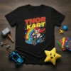 Black t-shirt with "Thor Kart" text and Thor character driving a go-kart with a rainbow background