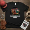 Thoroughbred Dash t-shirt design featuring racing horses and jockeys in colorful silks, with bold white text