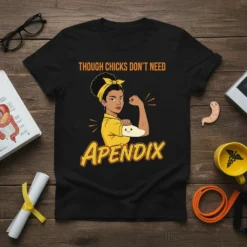 Though Chicks Don't Need Apendix graphic t-shirt featuring a strong woman flexing and medical humor text