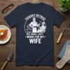 Thought Retired But Now I Just Work For My Wife humorous quote t-shirt design featuring a retired man grilling and