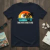 Three White Birds Flying text overlay on a tropical sunset beach design with palm trees and flying birds