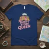 Thrift Store Queen text with a crown and shopping bags graphic on a navy t-shirt