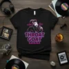 Throat Goat t-shirt design with a muscular goat wearing headphones and holding a microphone, featuring neon text