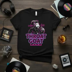 Throat Goat t-shirt design with a muscular goat wearing headphones and holding a microphone, featuring neon text