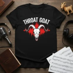 Black t-shirt with white "THROAT GOAT" text and a graphic of a goat skull with red soundwave-like background