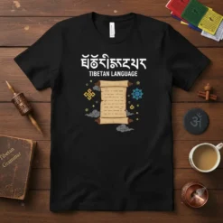 Tibetan Language t-shirt with white Tibetan script and English text above a scroll graphic featuring cultural symbols