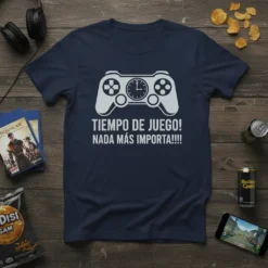 Navy t-shirt with white text "Tiempo de Juego! Nada Más Importa!!!!" and a video game controller graphic
