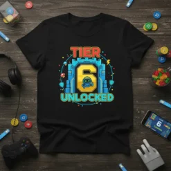 Tier 6 Unlocked graphic t-shirt design with a blue castle gate, yellow number 6, and a cute robot character