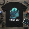 Tiger Cat VR City T-Shirt featuring a futuristic skyline, VR headset, and brain graphic