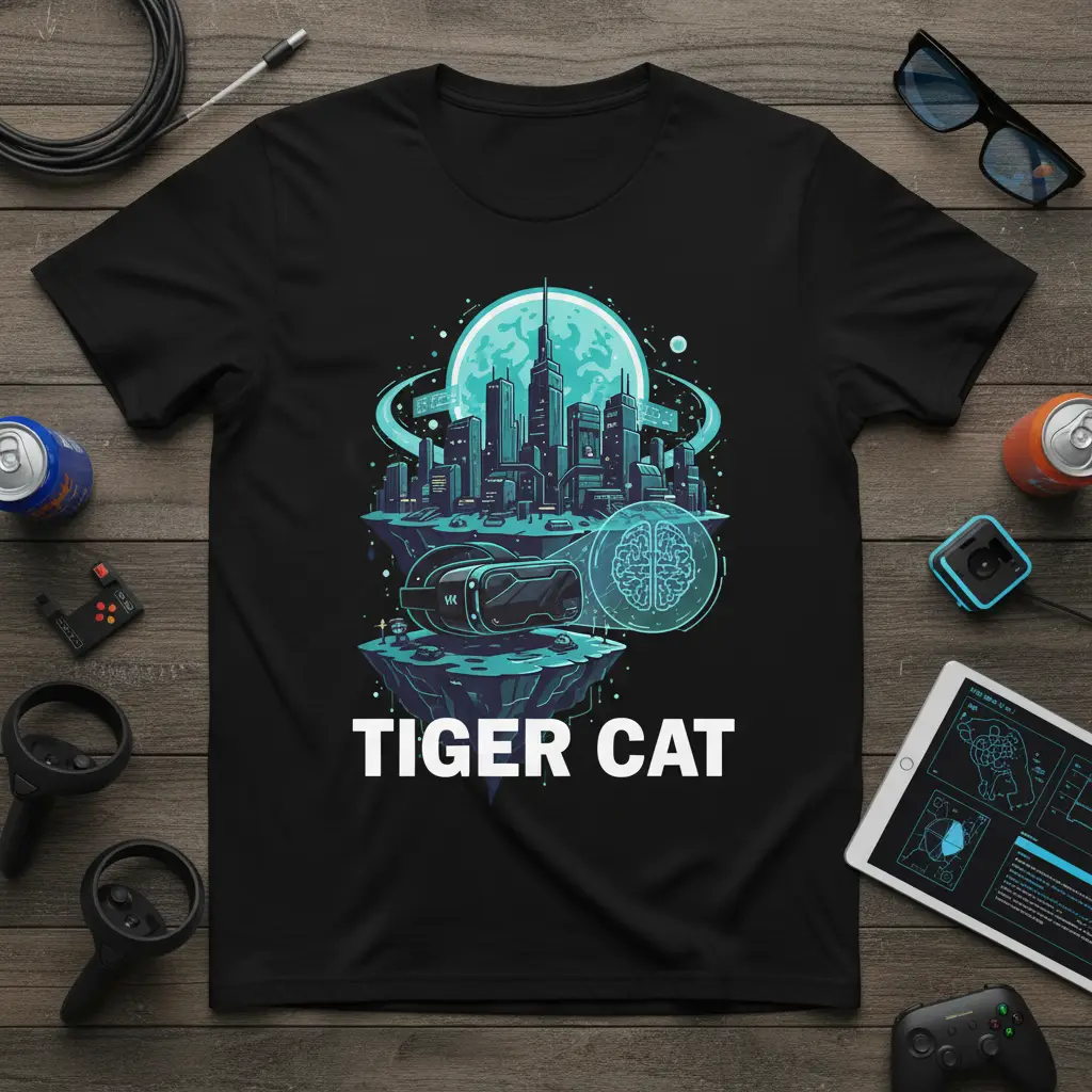 Tiger Cat VR City T-Shirt design with futuristic skyline, VR headset, and brain graphic