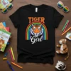 Tiger Girl t-shirt with a rainbow and a tiger's face, featuring orange and white text