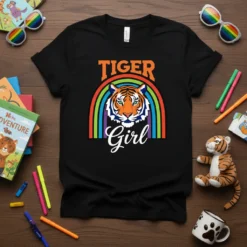 Tiger Girl t-shirt with a rainbow and a tiger's face, featuring orange and white text