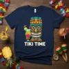 Tiki Time t-shirt design featuring a colorful tiki mask holding a tropical cocktail, with "Tiki Time" text below