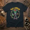 Tiki Of The Undead t-shirt design featuring a green zombie tiki character holding a potion and coconut drink, surrounded by