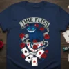 Time Flies t-shirt featuring the Cheshire Cat from Alice in Wonderland sitting in a teacup surrounded by roses and playing