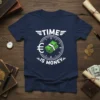 Navy t-shirt with white "Time Is Money" text, a clock face graphic, and a Euro symbol with stacked currency