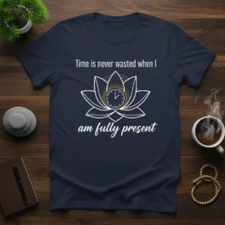 Navy t-shirt with white text "Time is never wasted when I am fully present" and a lotus flower graphic with