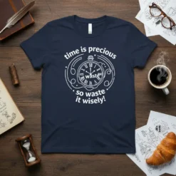 T-shirt with white text "time is precious so waste it wisely!" and a vintage pocket watch graphic