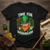 Time For Shenanigans St. Patrick's Day t-shirt with a cartoon leprechaun wearing a green hat and holding a wooden staff