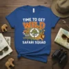 Time to Get Wild Safari Squad text with cartoon elephants, rhino, zebra, lion, and giraffe around a compass graphic