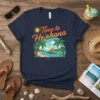 Time to Ho'ohana t-shirt design featuring a tropical beach scene with palm trees, a canoe, and ocean waves