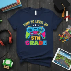 Time to Level Up 5th Grade t-shirt with a colorful video game controller graphic and bold text