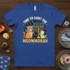Time to Light the Meownorah Hanukkah t-shirt featuring two cats, a menorah, and festive elements
