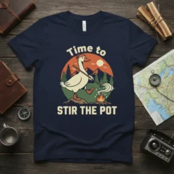 Goose tending campfire with "Time to Stir the Pot" text, vintage outdoor illustration style, navy blue t-shirt