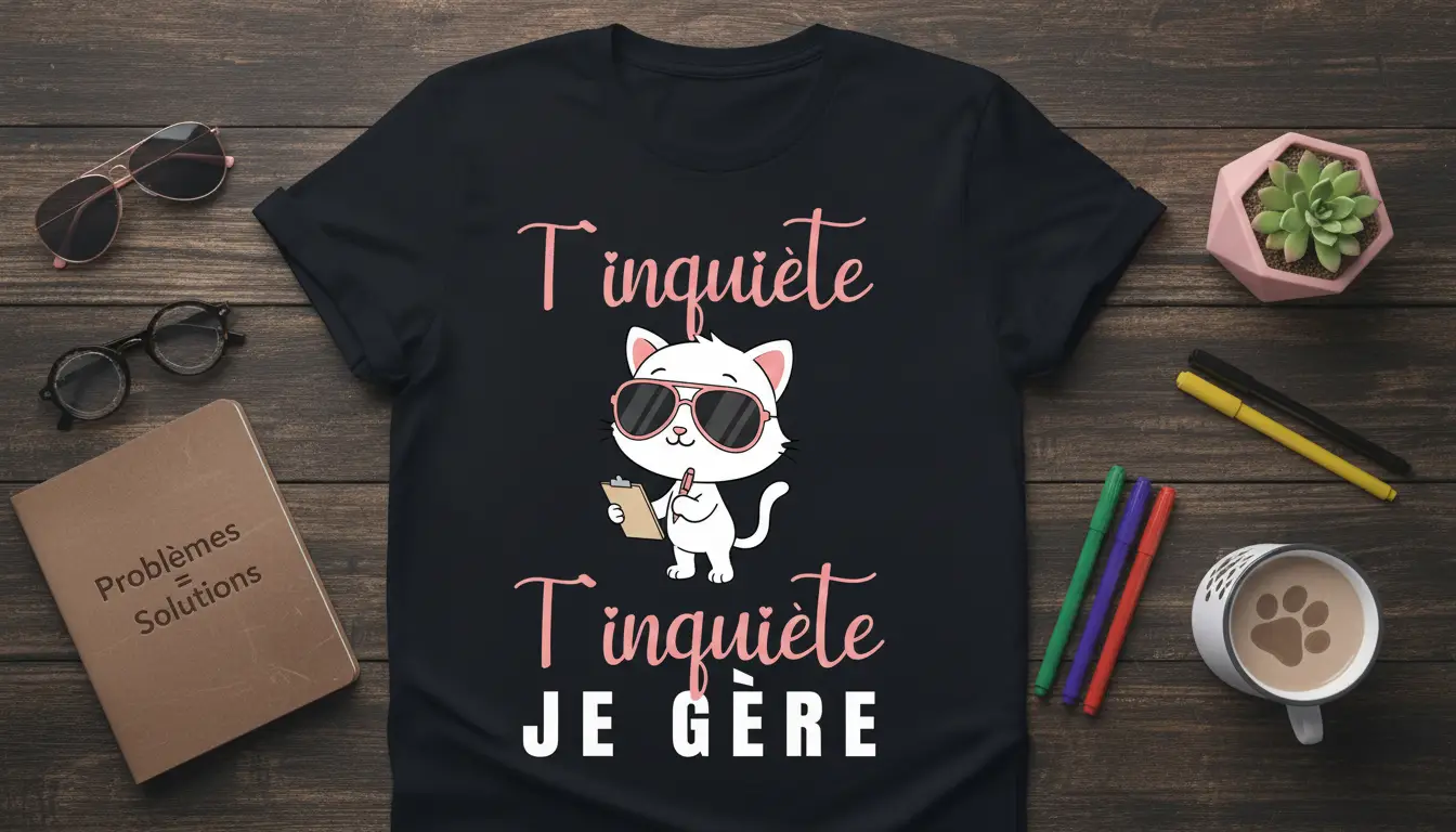 Tinquiète Tinquiète JE GÈRE French quote with a stylish cat graphic on a black t-shirt