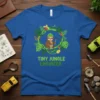 Tiny Jungle Engineer t-shirt design with a cute sloth wearing a hard hat holding a pickaxe, surrounded by jungle leaves