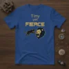 Tiny yet FIERCE t-shirt with gold lion and black panther graphic, bold typography, royal blue background