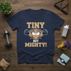 Navy t-shirt with "Tiny But Mighty!" text and a muscular hamster lifting weights, gym graphic
