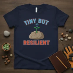 Navy t-shirt with "Tiny But Resilient" text and a seedling growing from a rock with a raised fist symbol